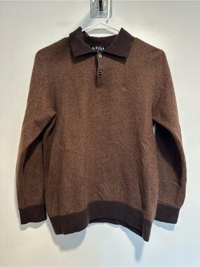Erdos Luxury Men’s Two Tone Brown Henley Button Collared Soft Cashmere Sweater.